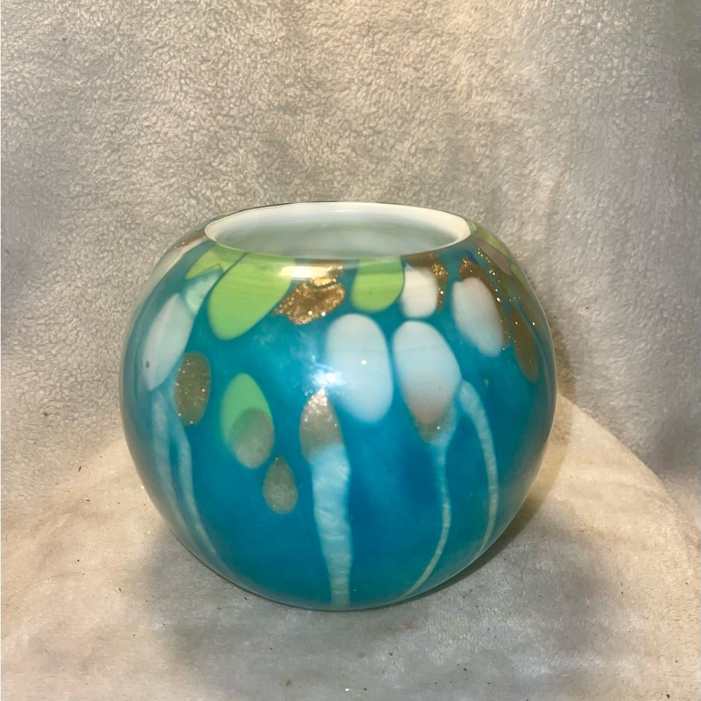 Handcrafted Blue and Gold Art Glass Vase, or use as a candle holder.